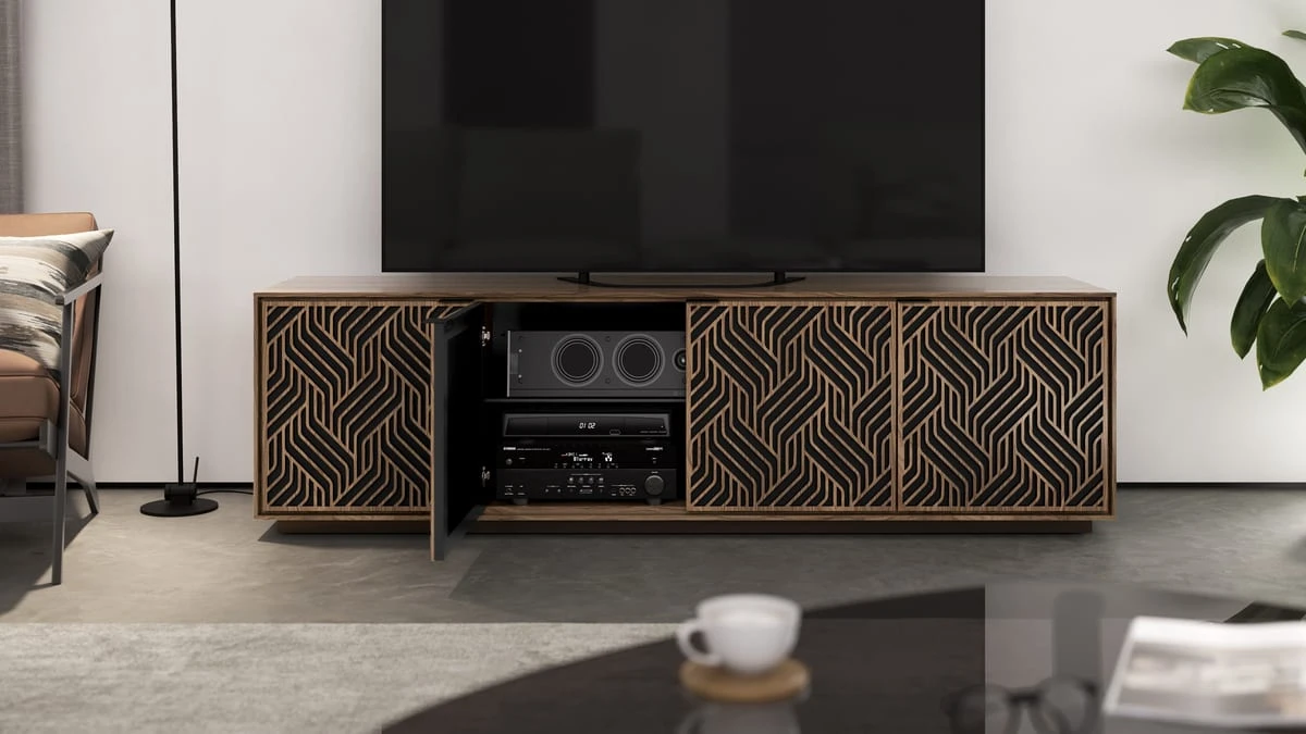 BDI Elements 8703 with Weave doors in Natural Walnut, open equipment compartment and rolling plinth base