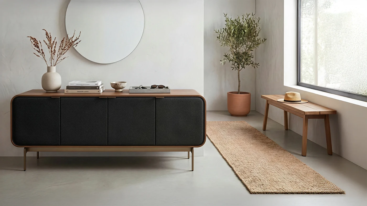 BDI Plume 8079 four-door media console with rounded walnut corners and fabric doors on bronze legs