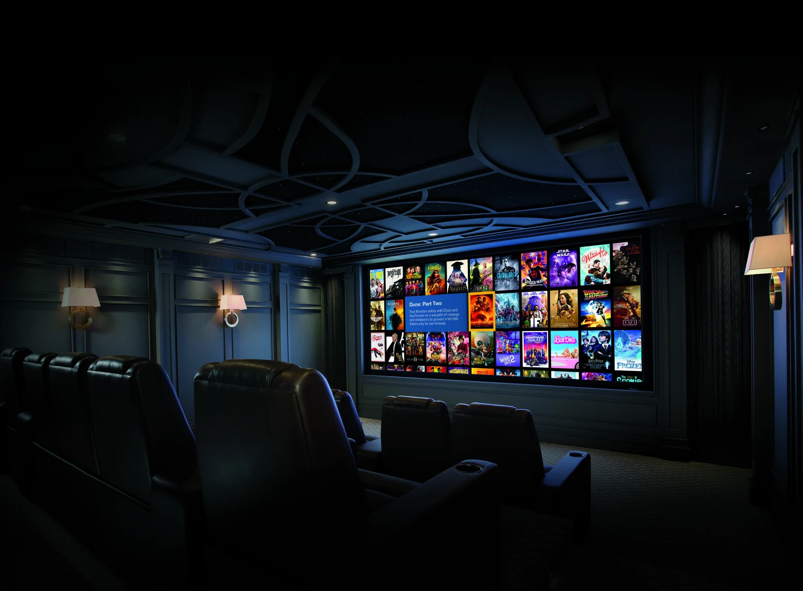 Kaleidescape movie-browser interface on a large theater screen with cinema seating