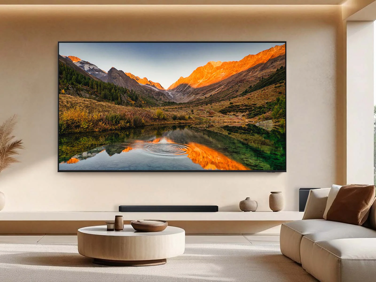 Large Samsung television shown in a furnished living room