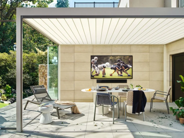 Samsung The Terrace outdoor TV in a covered patio