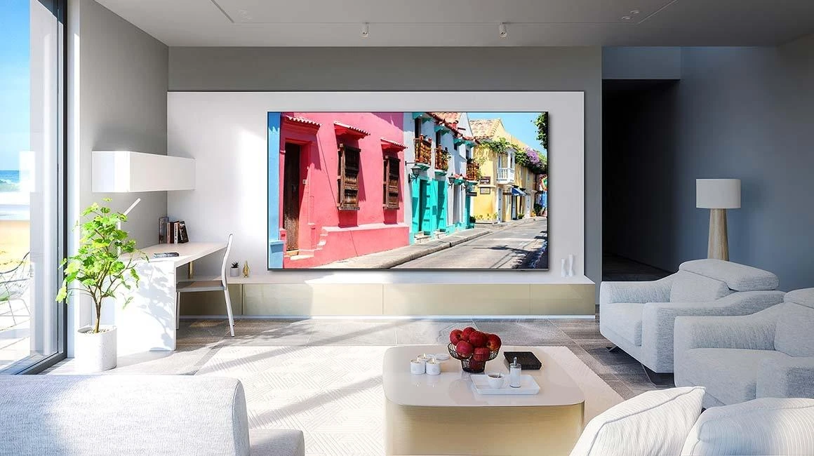 Samsung large-screen TV in a furnished living room