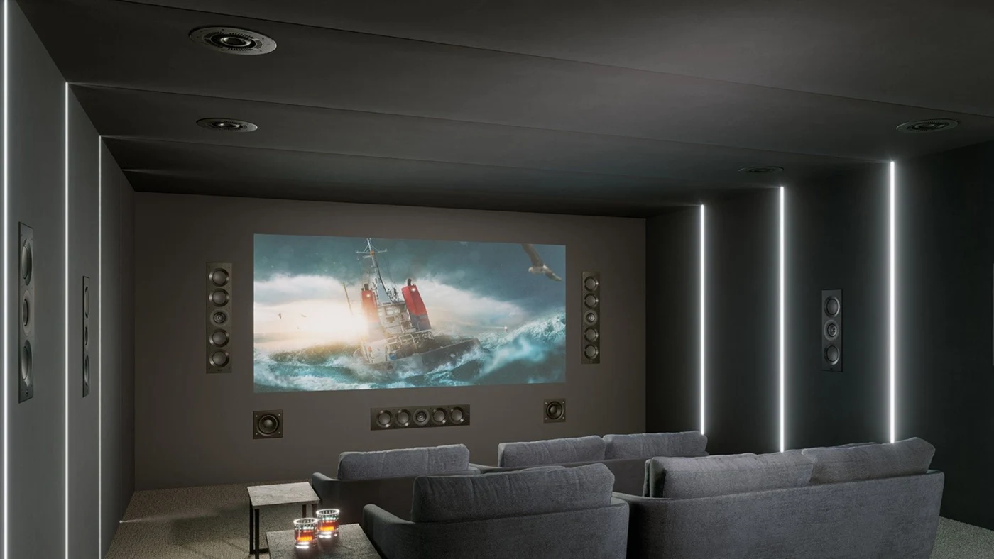 KEF manufacturer cinema room with a large projection screen and theater seating