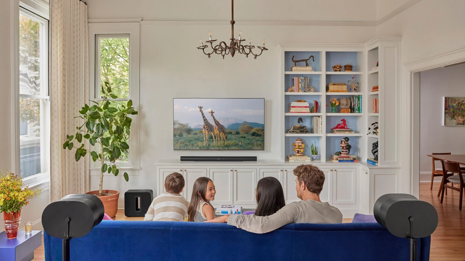 Sonos Arc Ultra below the TV, Sub 4 beside the cabinet and two Era 300 rear speakers behind the seating