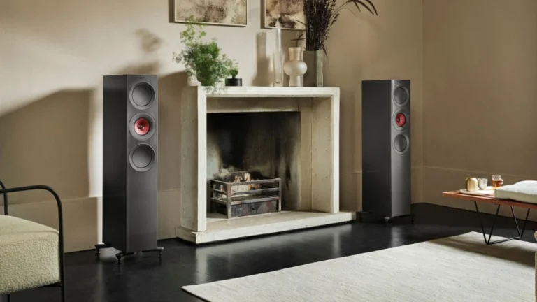 KEF R Series floorstanding speakers in a finished living room