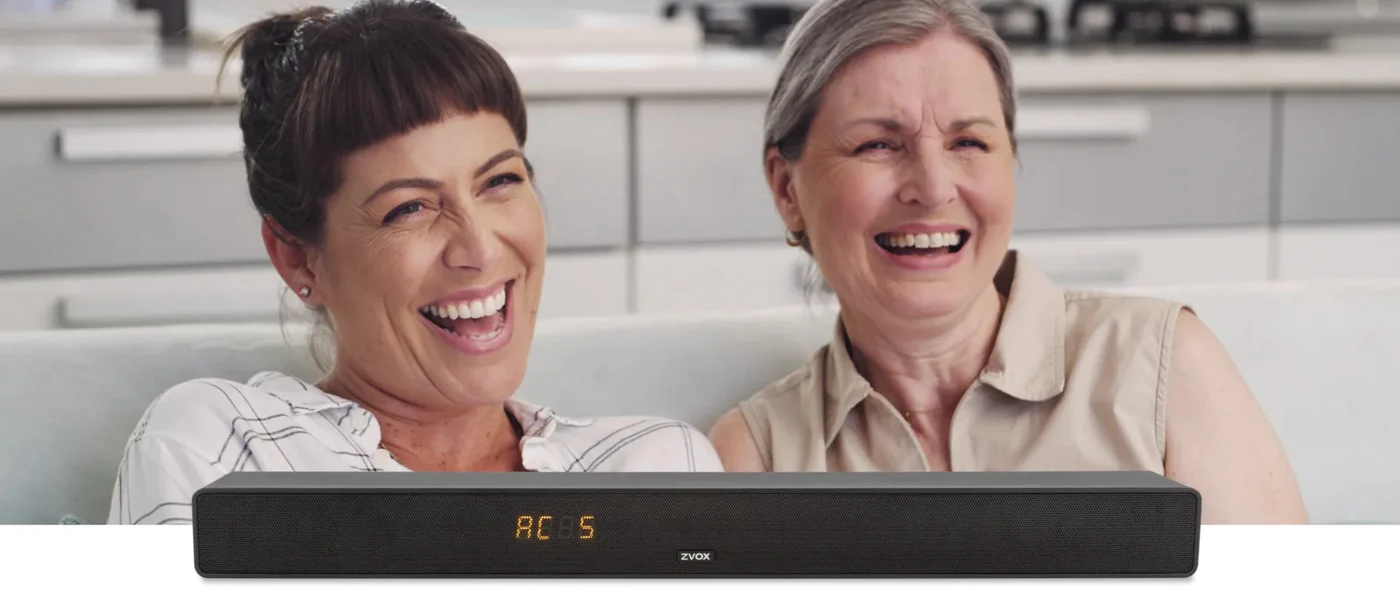 ZVOX AccuVoice TV speaker shown with viewers